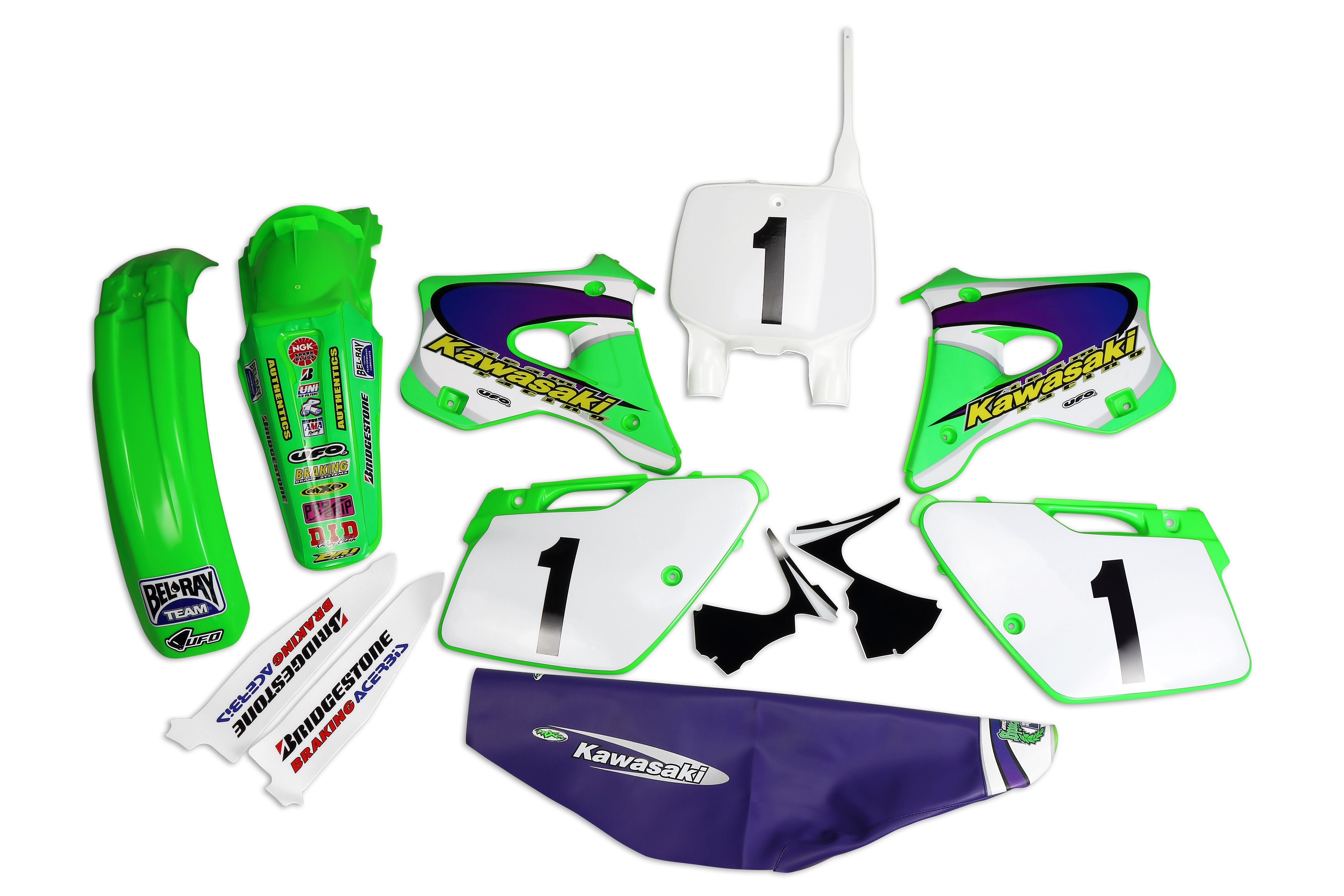 bryder daggry igennem Gnaven UFO Replica KIT Kawasaki KX 125/250 1994-98 Emig Team USA, includes all  Parts in the picture
